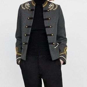 Wool Grey Military Jacket with Embroidery Flower